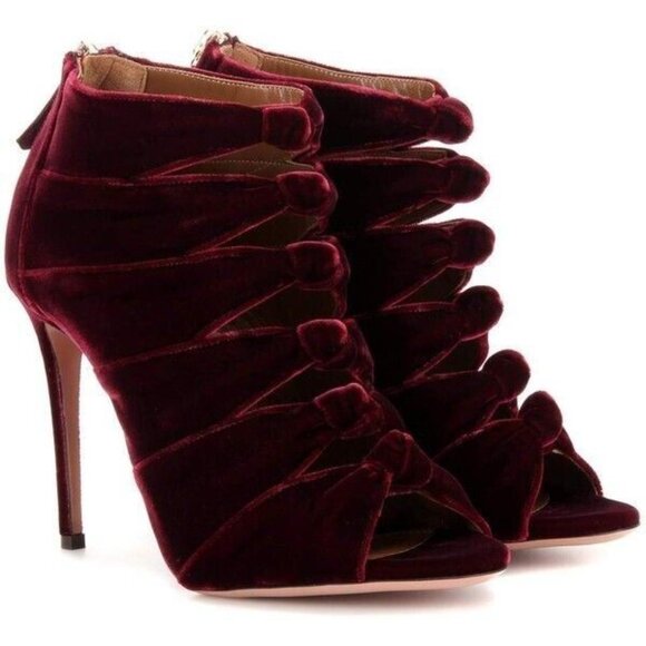 41/10.5❤️ AQUAZZURA Burgundy Velvet Leather HIGH HEELS Pumps Sandals Boots ITALY - Picture 1 of 12